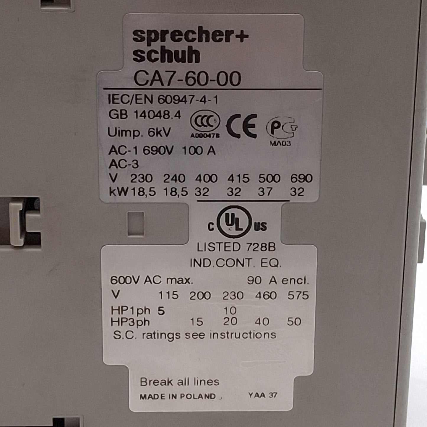 Used Sprecher + Schuh CA7-60-00 Contactor, 3-Pole, 60A, 50HP @ 3Ø 575VAC, 240VAC Coil