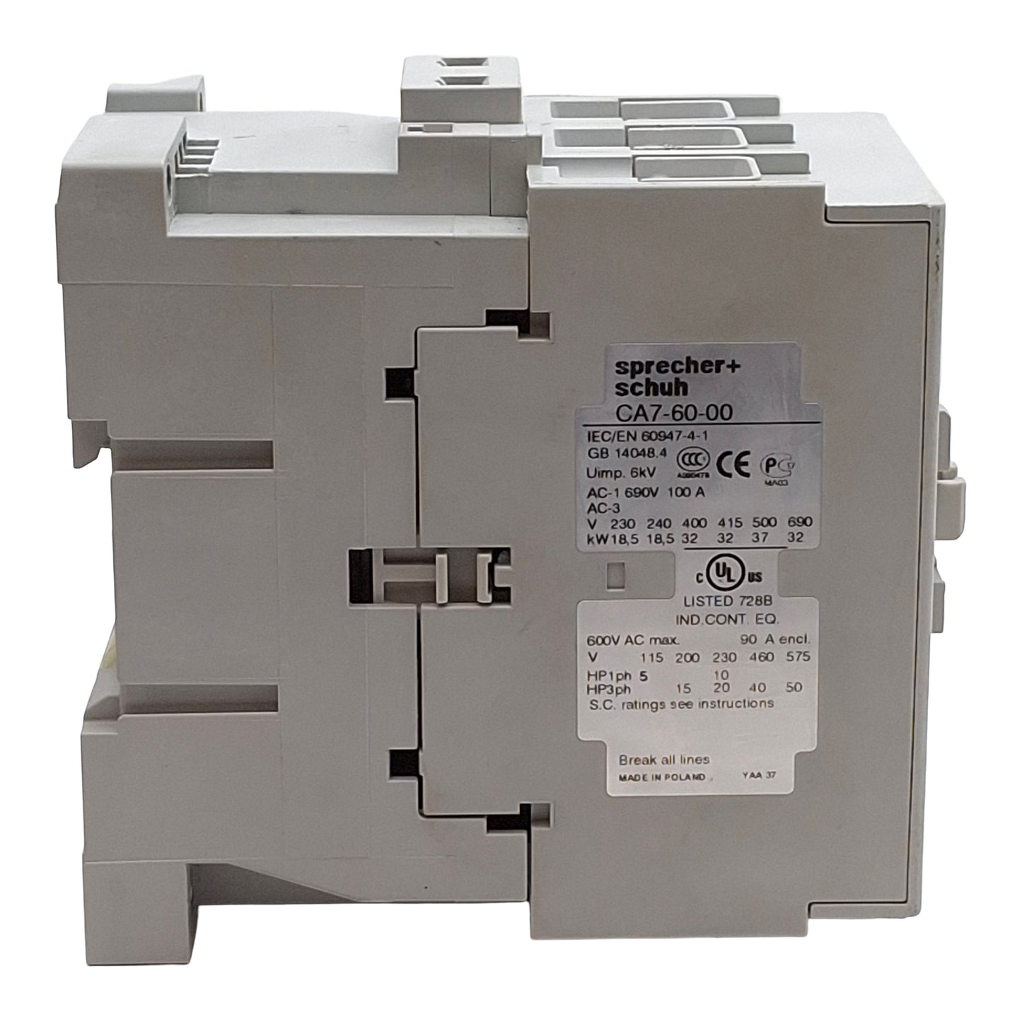 Used Sprecher + Schuh CA7-60-00 Contactor, 3-Pole, 60A, 50HP @ 3Ø 575VAC, 240VAC Coil