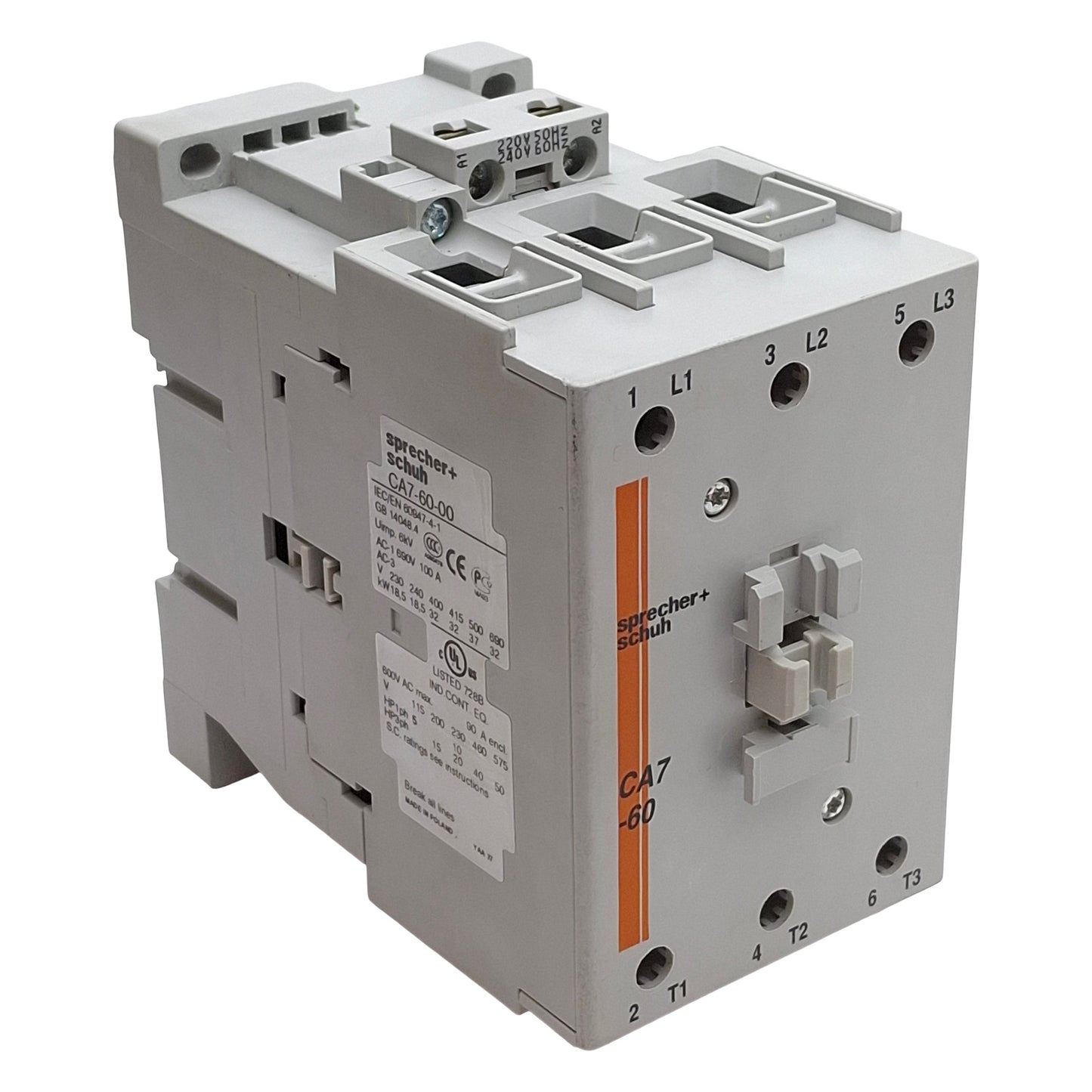 Used Sprecher + Schuh CA7-60-00 Contactor, 3-Pole, 60A, 50HP @ 3Ø 575VAC, 240VAC Coil