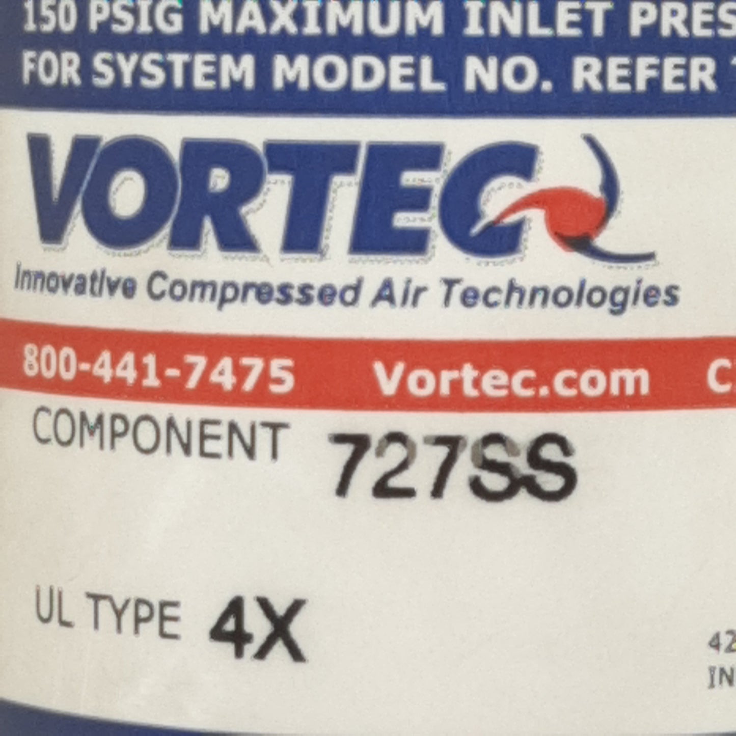 Used Vortec 727SS 4X Vortex Cooler, NEMA 4X, 150psi, 5000BTUH, 25scfm, 1/4in NPT