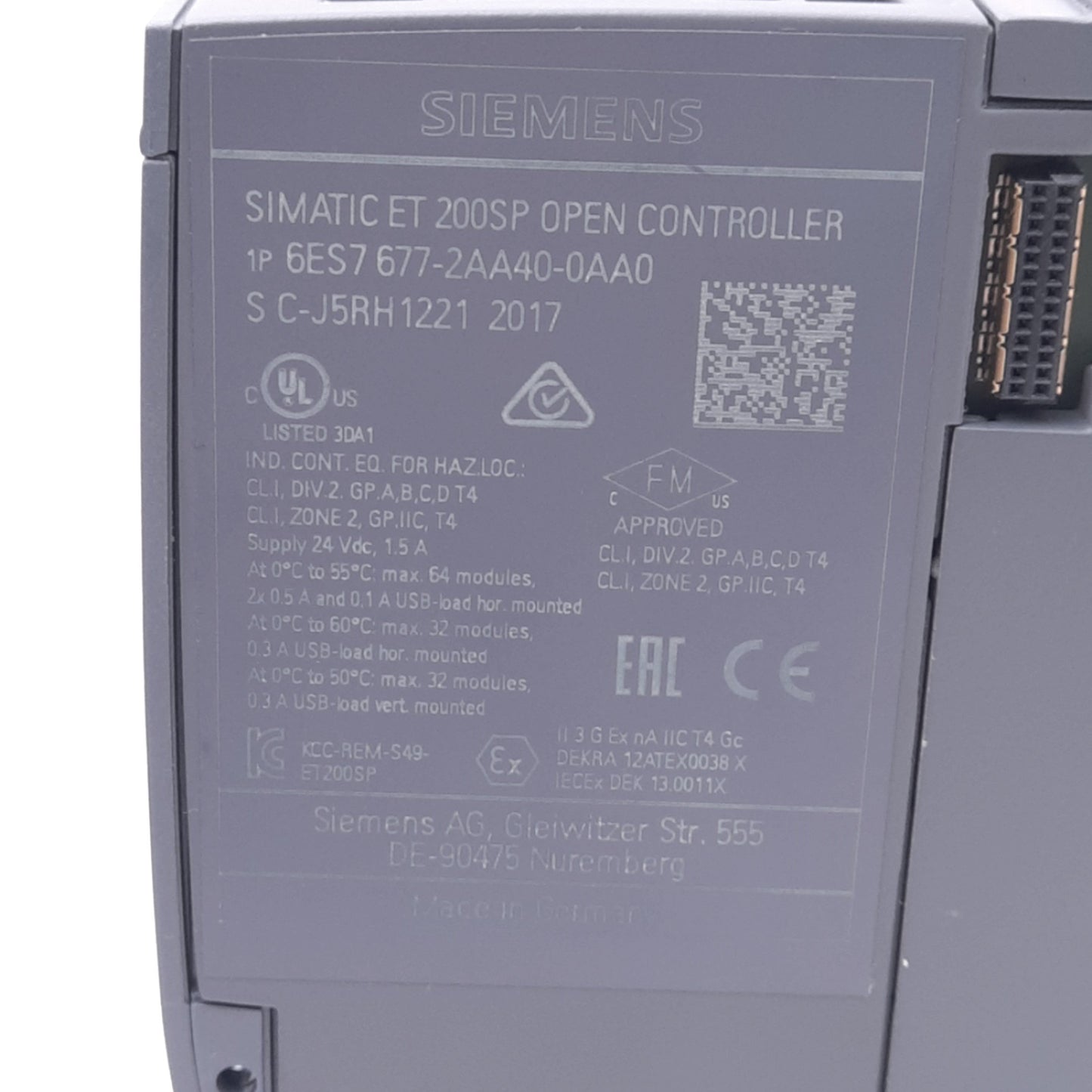 Used Siemens 6ES7677-2AA40-0AA0 SIMATIC ET 200SP Open Controller, Dual-Core 1GHz, 24V