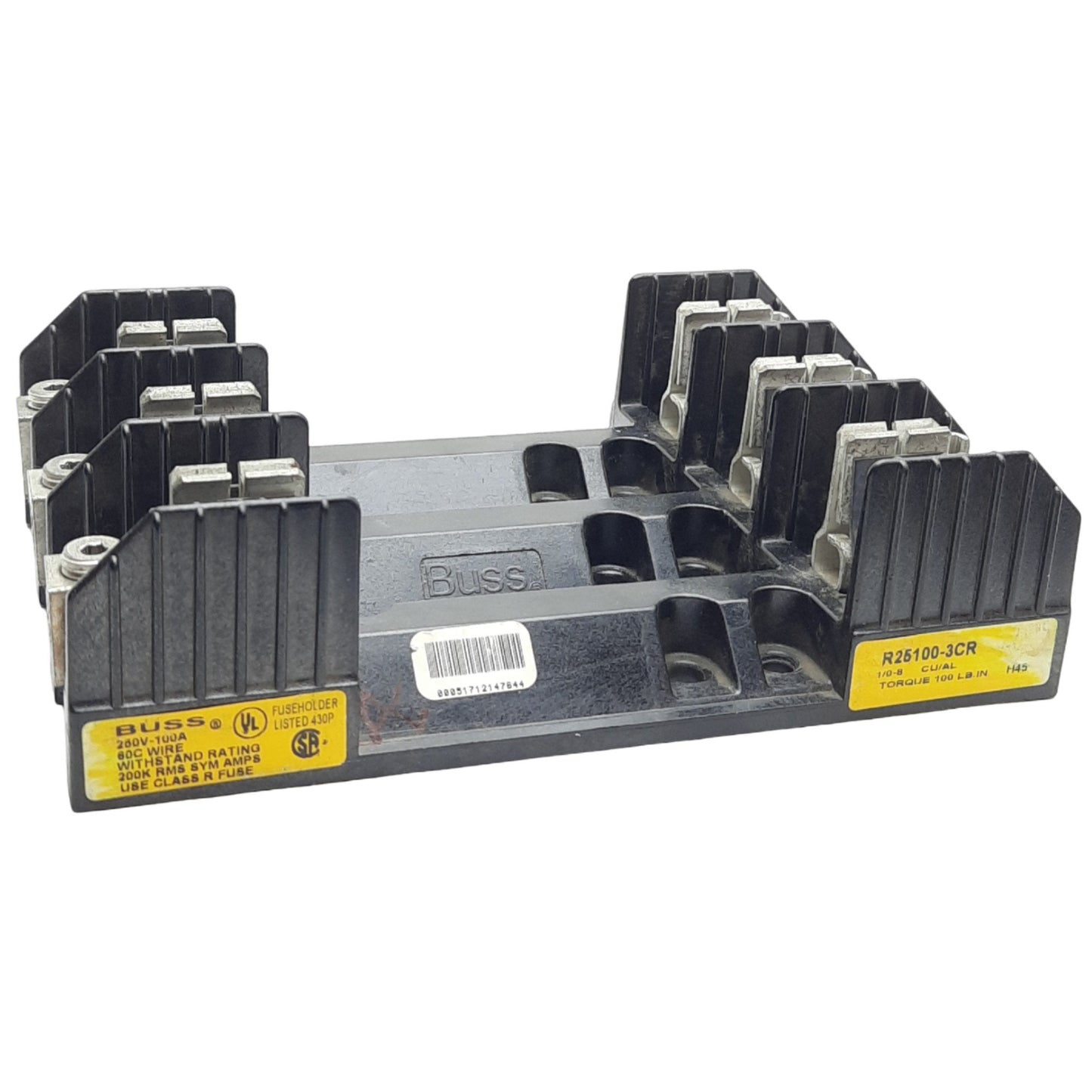 Used Bussmann R25100-3CR Fuse Block, 250VAC/VDC, 100A, Class R Fuse, 3 Poles