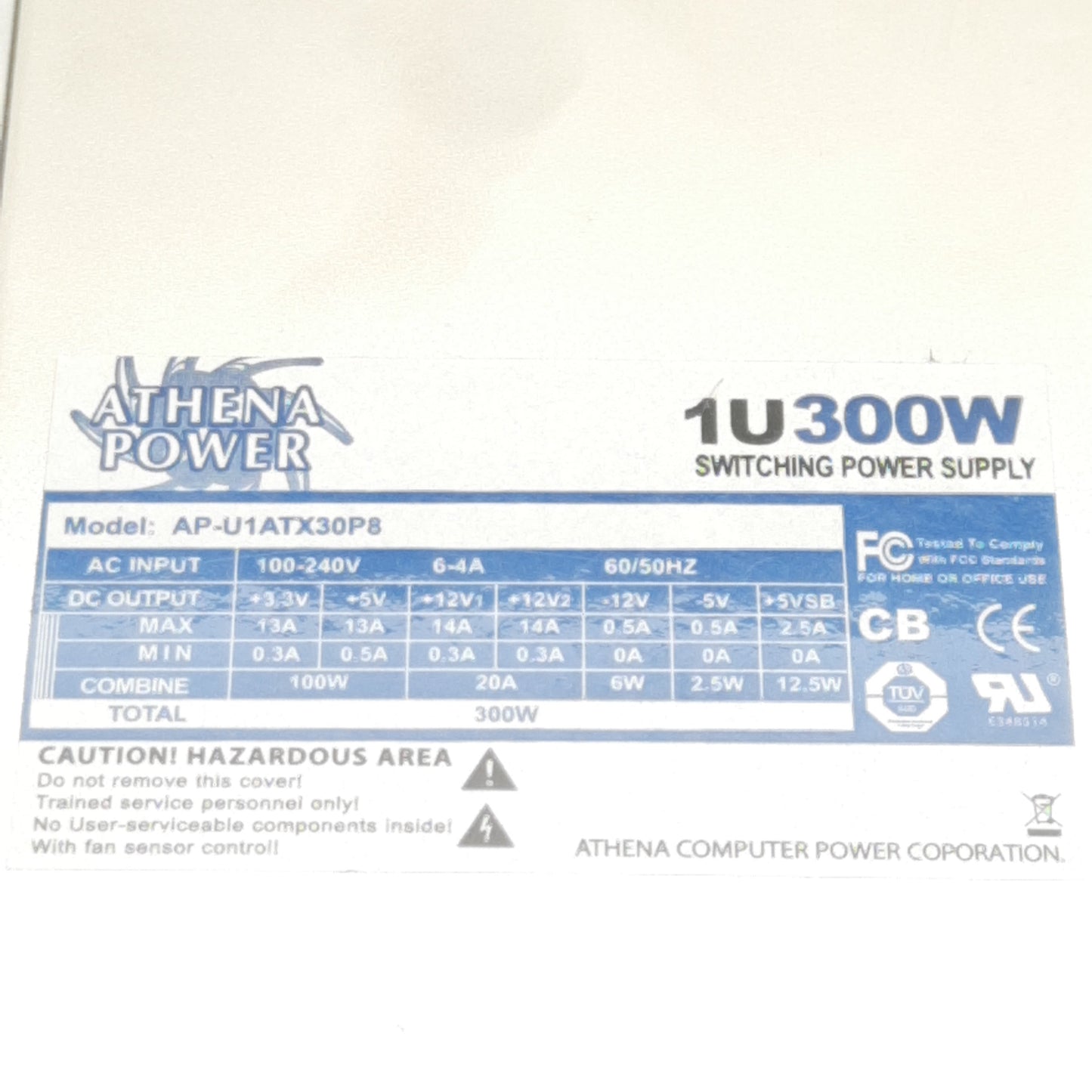 Used Athena Power AP-U1ATX30P8 1U300W Switching Power Supply, 88-264VAC In, 300W Out