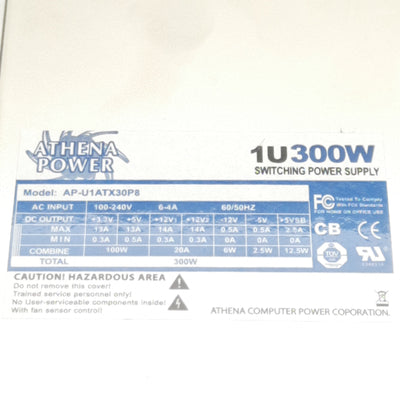 Used Athena Power AP-U1ATX30P8 1U300W Switching Power Supply, 88-264VAC In, 300W Out
