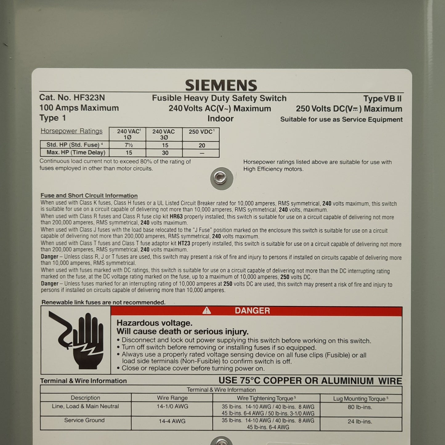 Used Siemens HF323N Heavy Duty Fusible Safety Switch, 3-Pole 3PH, 100A 240VAC/250VDC