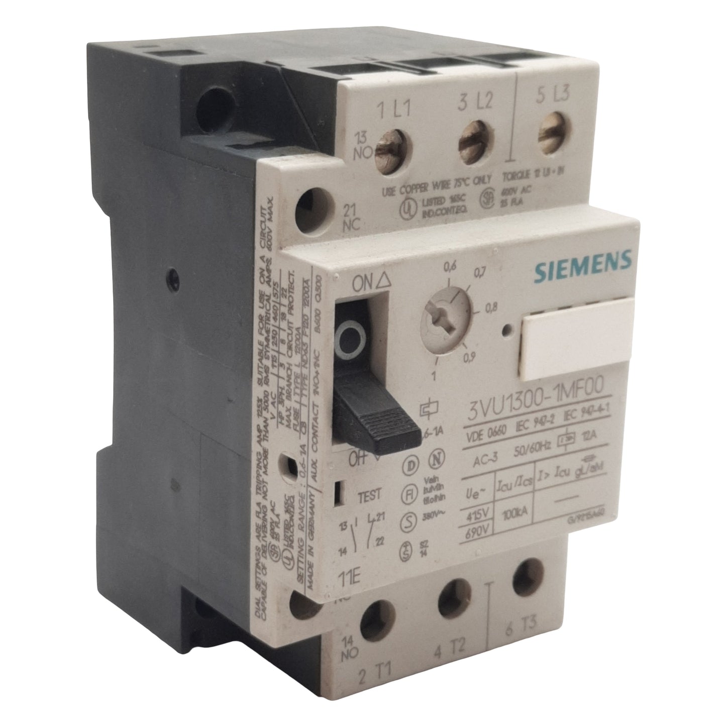 Used Siemens 3VU133-1MF00 Motor Protection Circuit Breaker, 3-Poles 1NO + 1NC, 0.6-1A