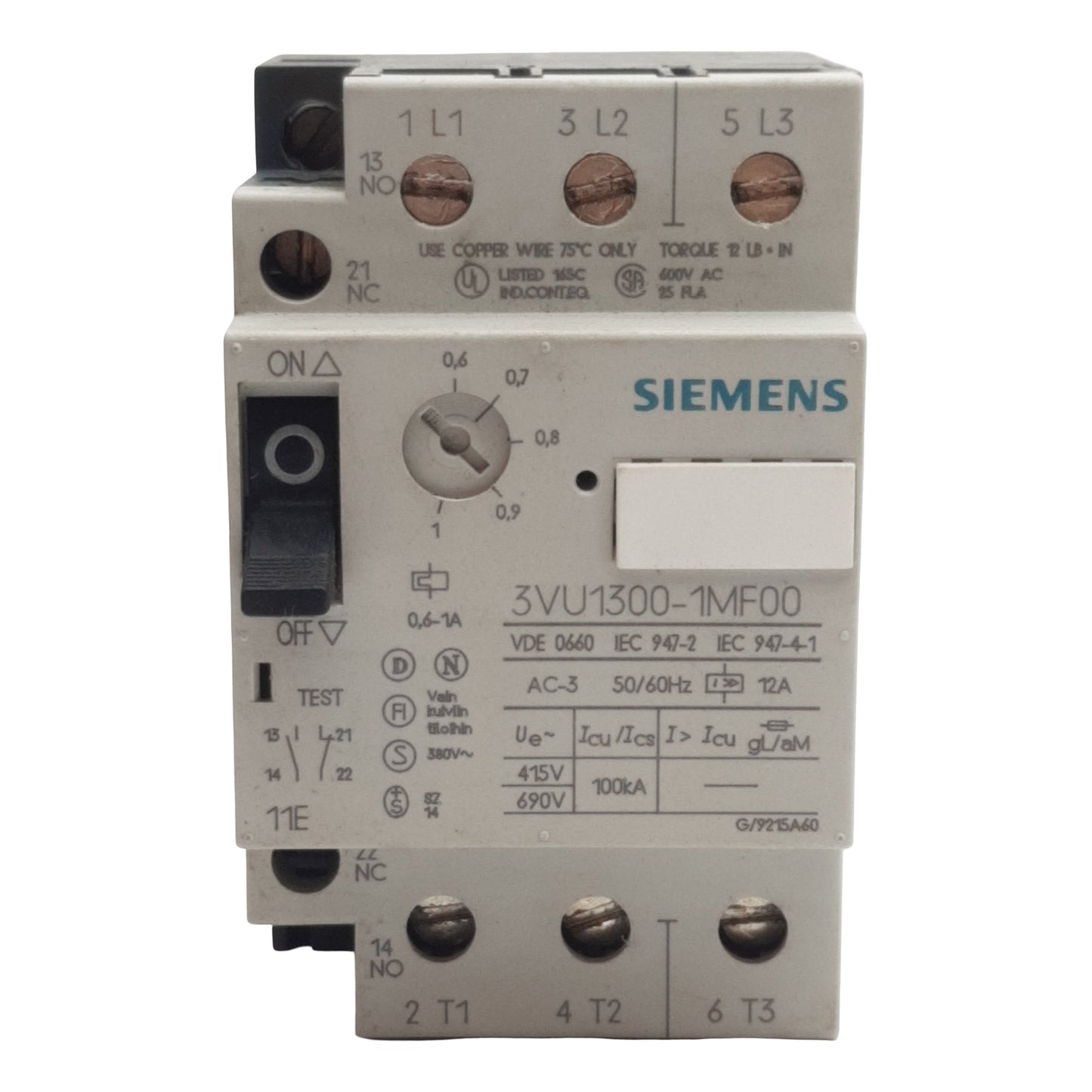 Used Siemens 3VU133-1MF00 Motor Protection Circuit Breaker, 3-Poles 1NO + 1NC, 0.6-1A