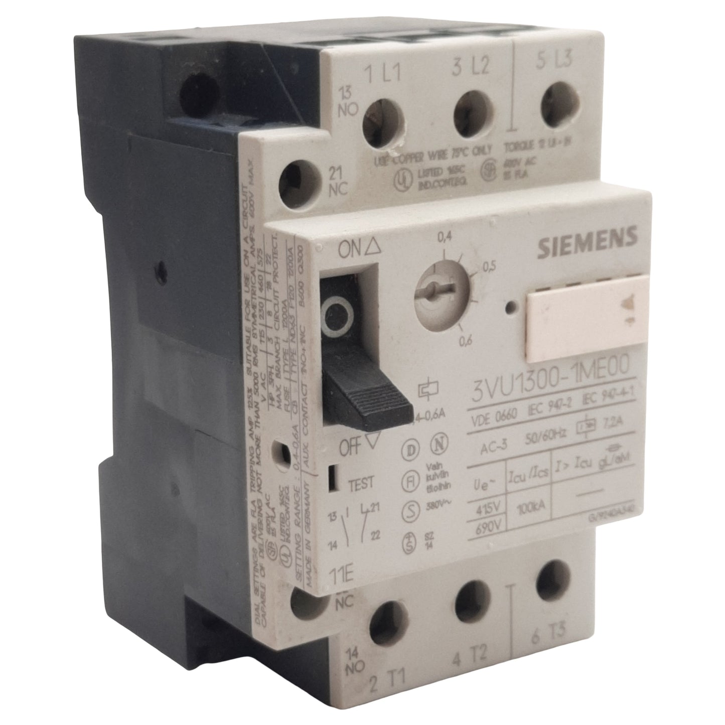 Used Siemens 3VU1300-1ME00 Motor Protection Circuit Breaker 3-Pole 1NO + 1NC 0.4-0.6A