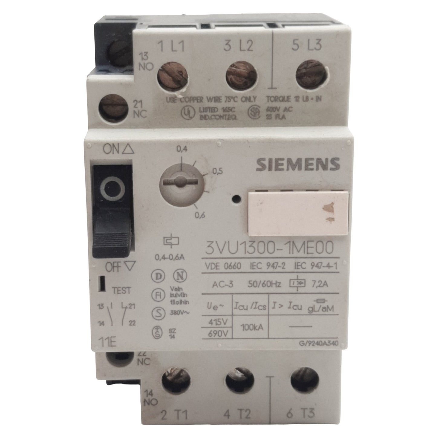 Used Siemens 3VU1300-1ME00 Motor Protection Circuit Breaker 3-Pole 1NO + 1NC 0.4-0.6A