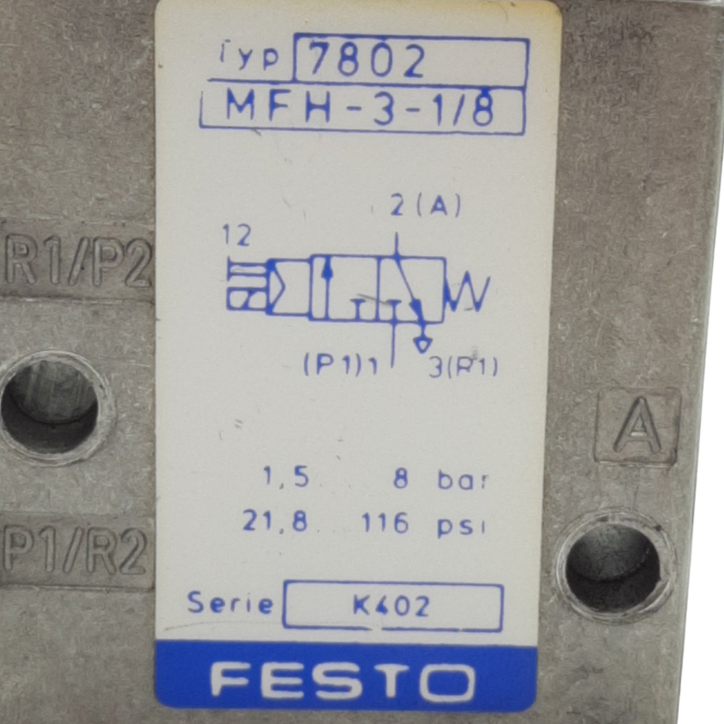 Used Festo MFH-3-1/8 7802 Air Solenoid Valve, 1.5 - 8 Bar, 3/2, G 1/8 Port