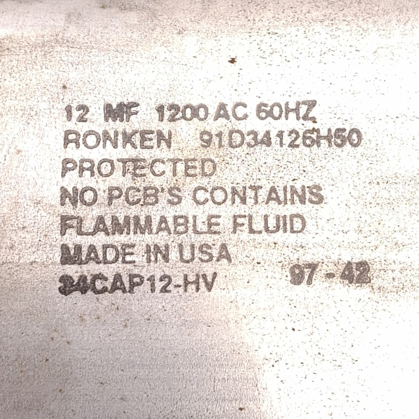 Used Ronken 91D34126H50 34CAP12-HV Non-PCB Capacitor, 12MF 1200VAC 60Hz Capacity