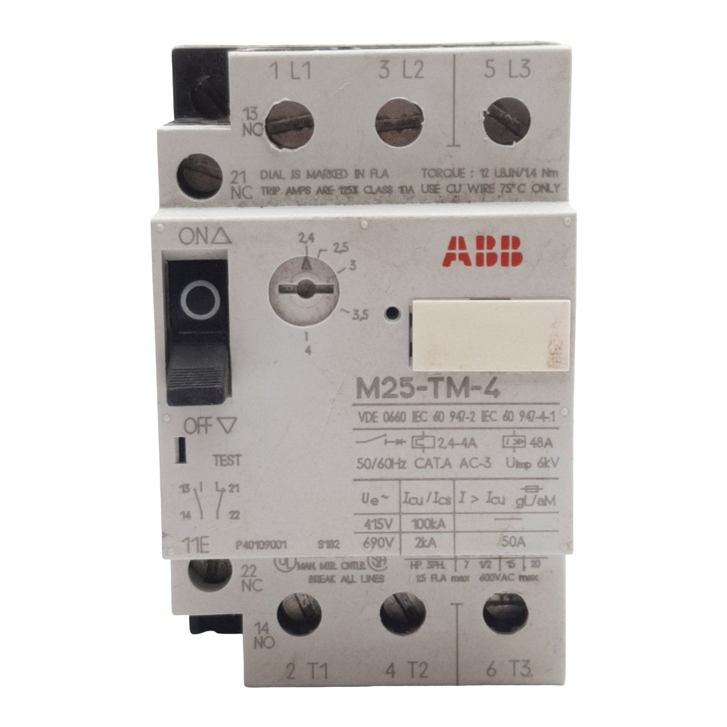 Used ABB M25-TM-4 Motor Protection Circuit Breaker, 3-Poles, 1N.O. + 1N.C., 2.4-4A