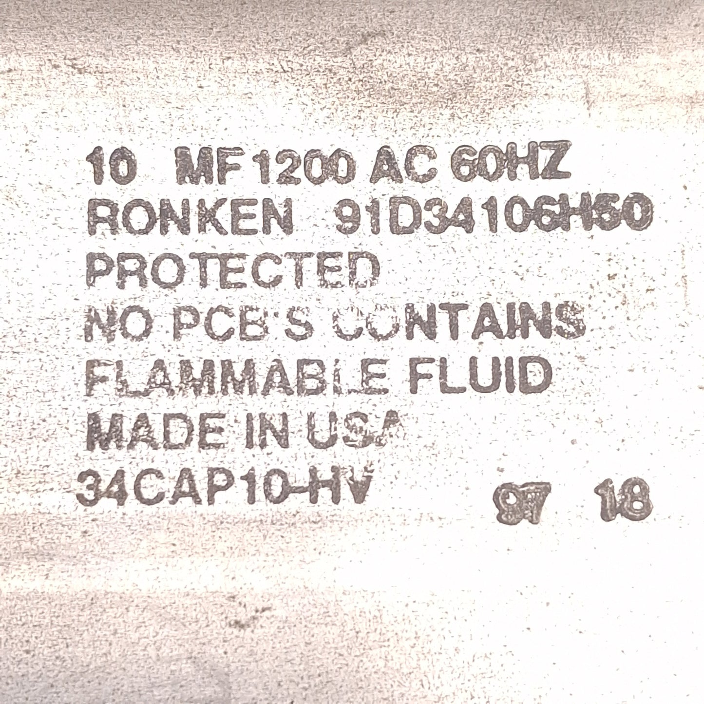 Used Ronken 91D34106H50 34CAP10-HV Non-PCB Capacitor, 10MF 1200VAC 60Hz Capacity