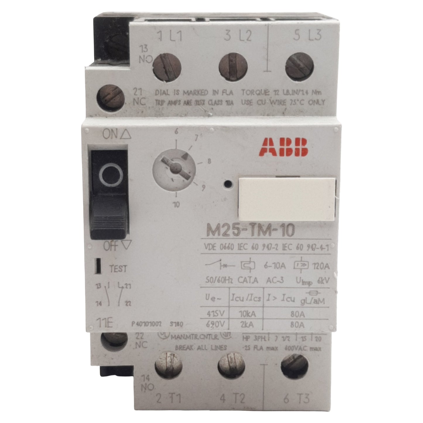 Used ABB M25-TM-10 Motor Protection Circuit Breaker, 3-Pole, 1N.O. + 1N.C., 6-10A