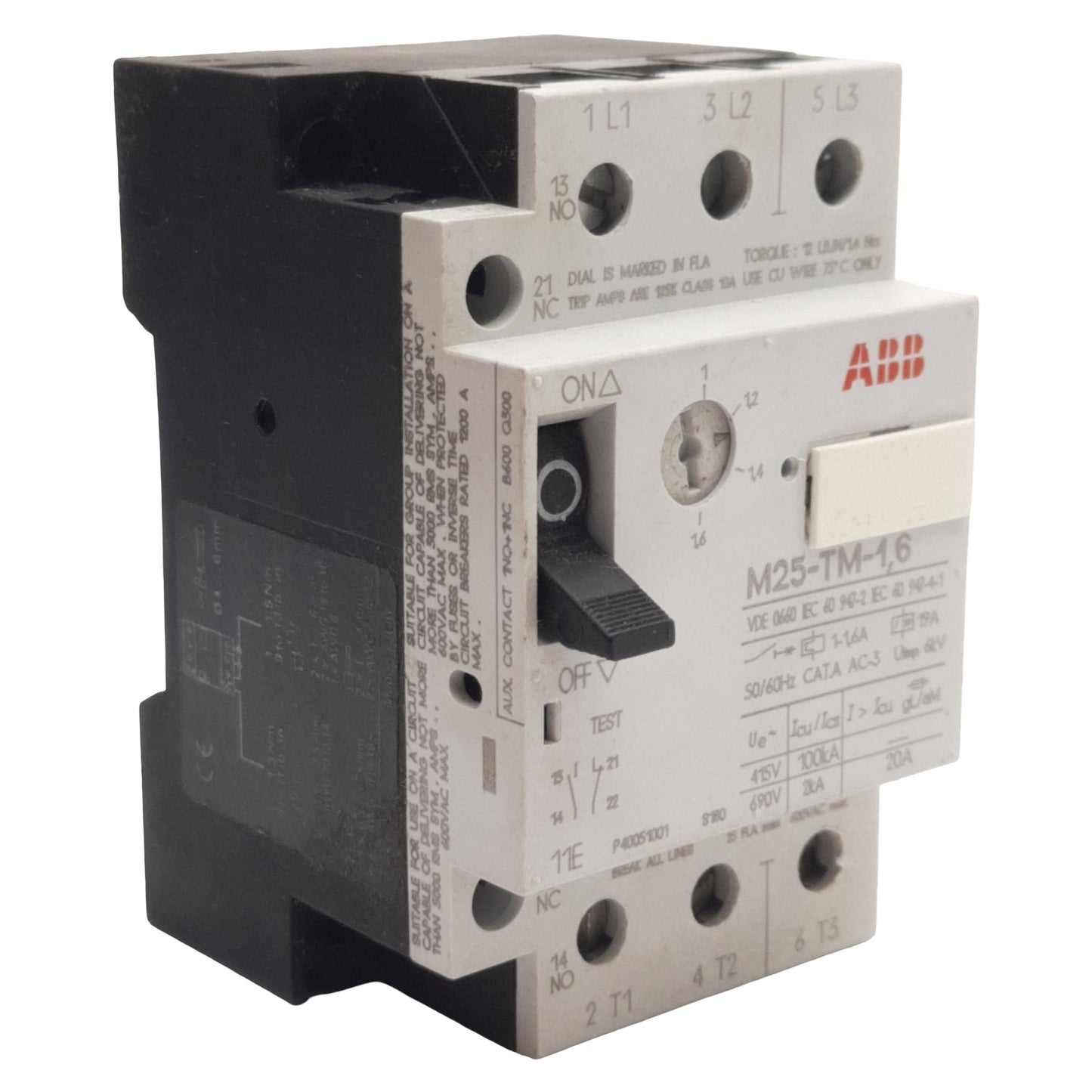 Used ABB M25-TM-1,6 Motor Protection Circuit Breaker, 3-Poles, 1N.O. + 1N.C., 1-1.6A