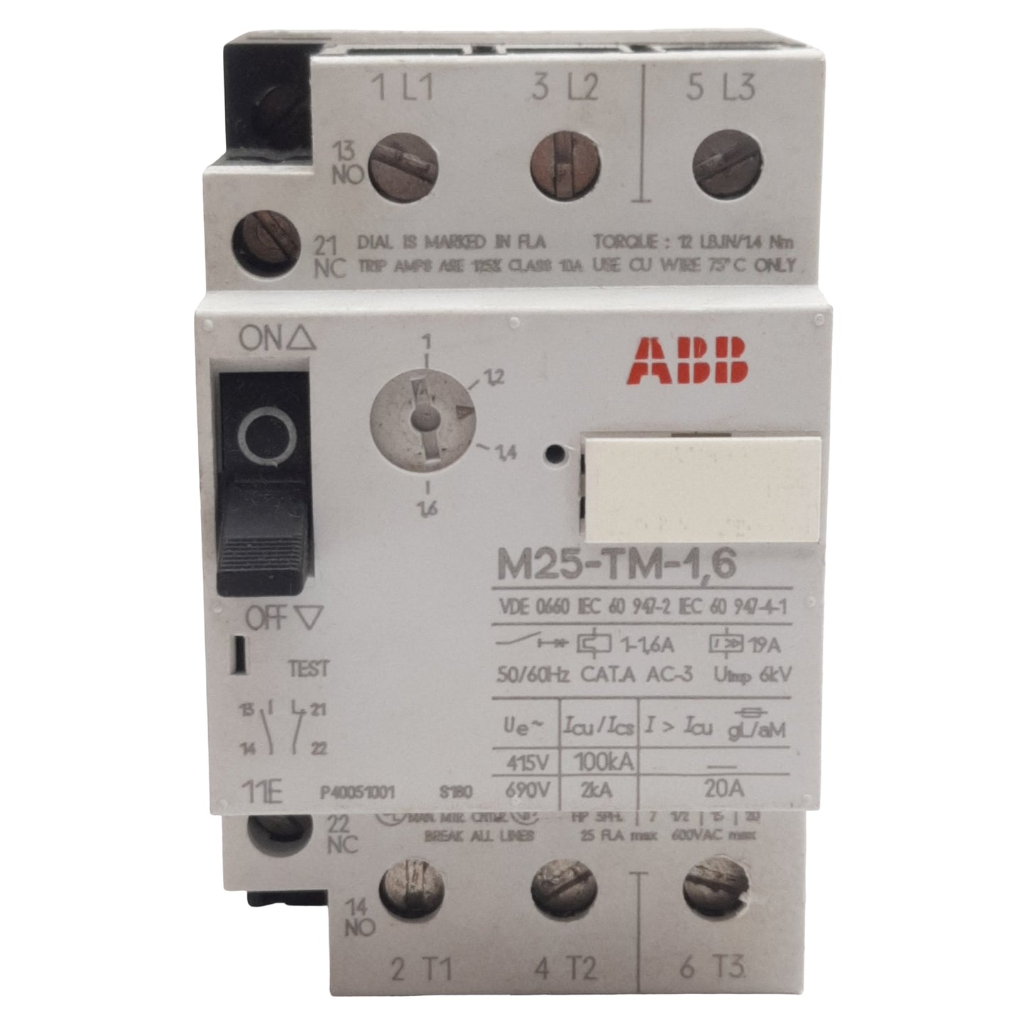 Used ABB M25-TM-1,6 Motor Protection Circuit Breaker, 3-Poles, 1N.O. + 1N.C., 1-1.6A