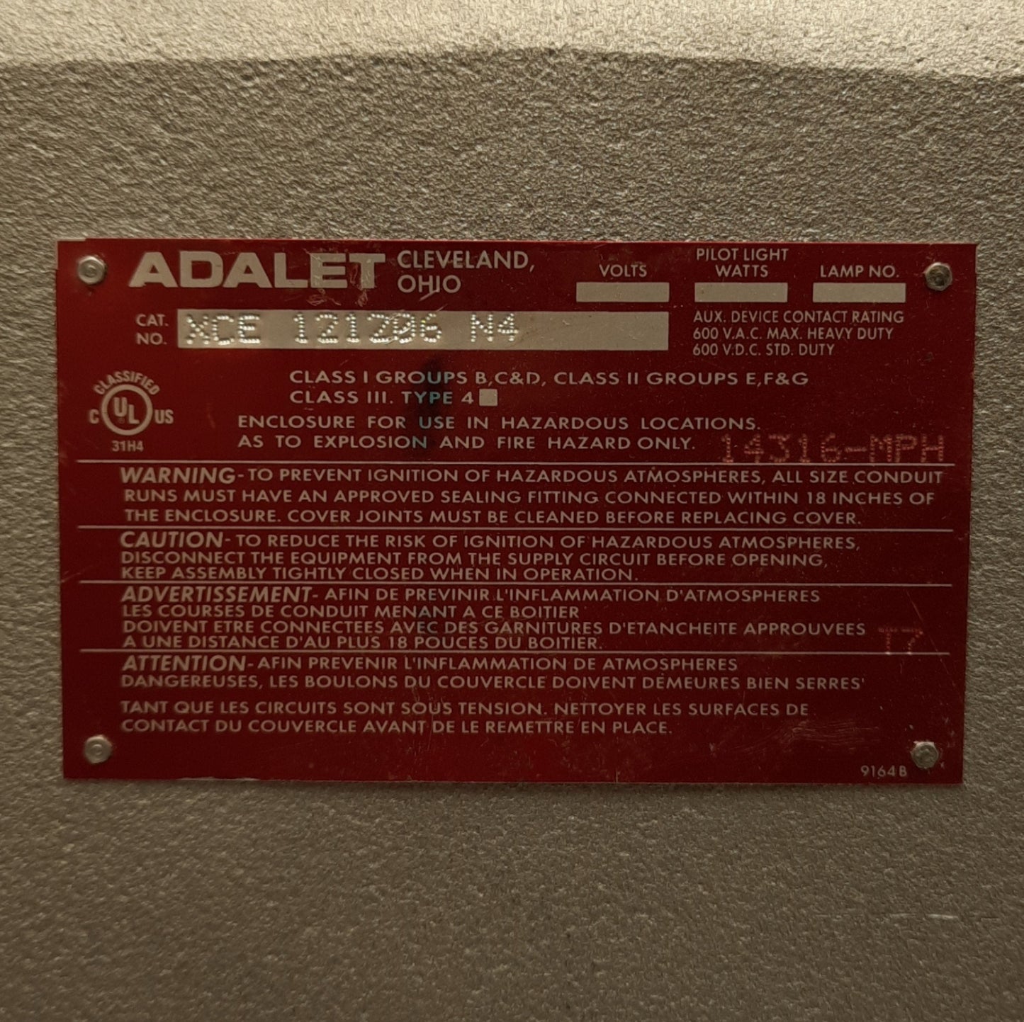 Used Adalet XCE 121206 N4 Explosion Proof Enclosure, 12in x 12in x 6in Dimensions