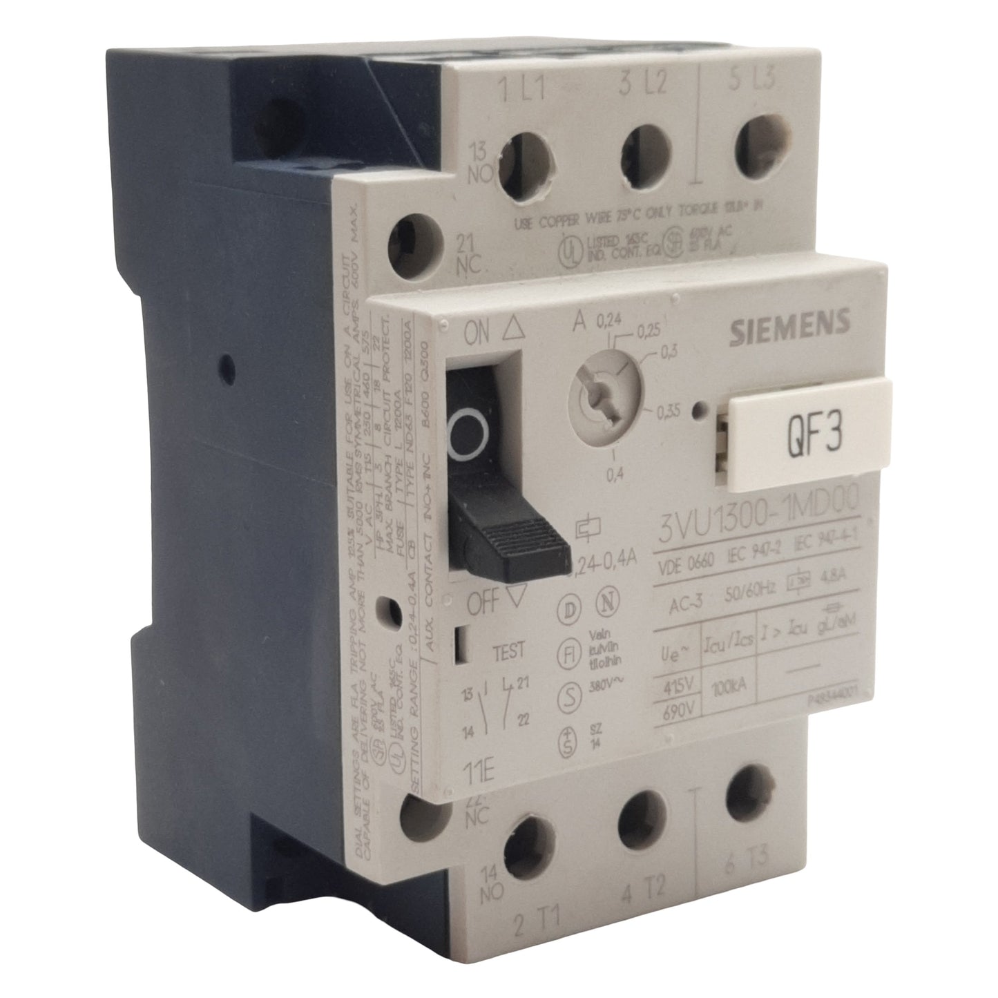 Used Siemens 3VU1300-1MD00 Motor Protection Circuit Breaker 3-Pole 1NO 1NC, 0.24-0.4A
