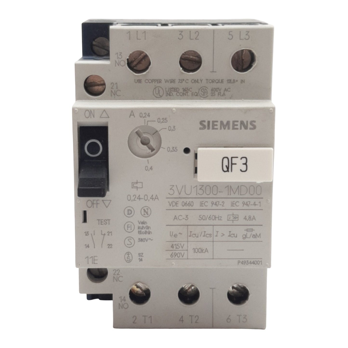 Used Siemens 3VU1300-1MD00 Motor Protection Circuit Breaker 3-Pole 1NO 1NC, 0.24-0.4A