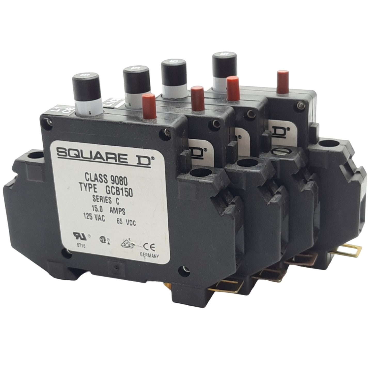 Used Lot of 4 Square D 9080 GCB150 Circuit Breaker, 1-Pole, Rating: 15A 125VAC 65VDC