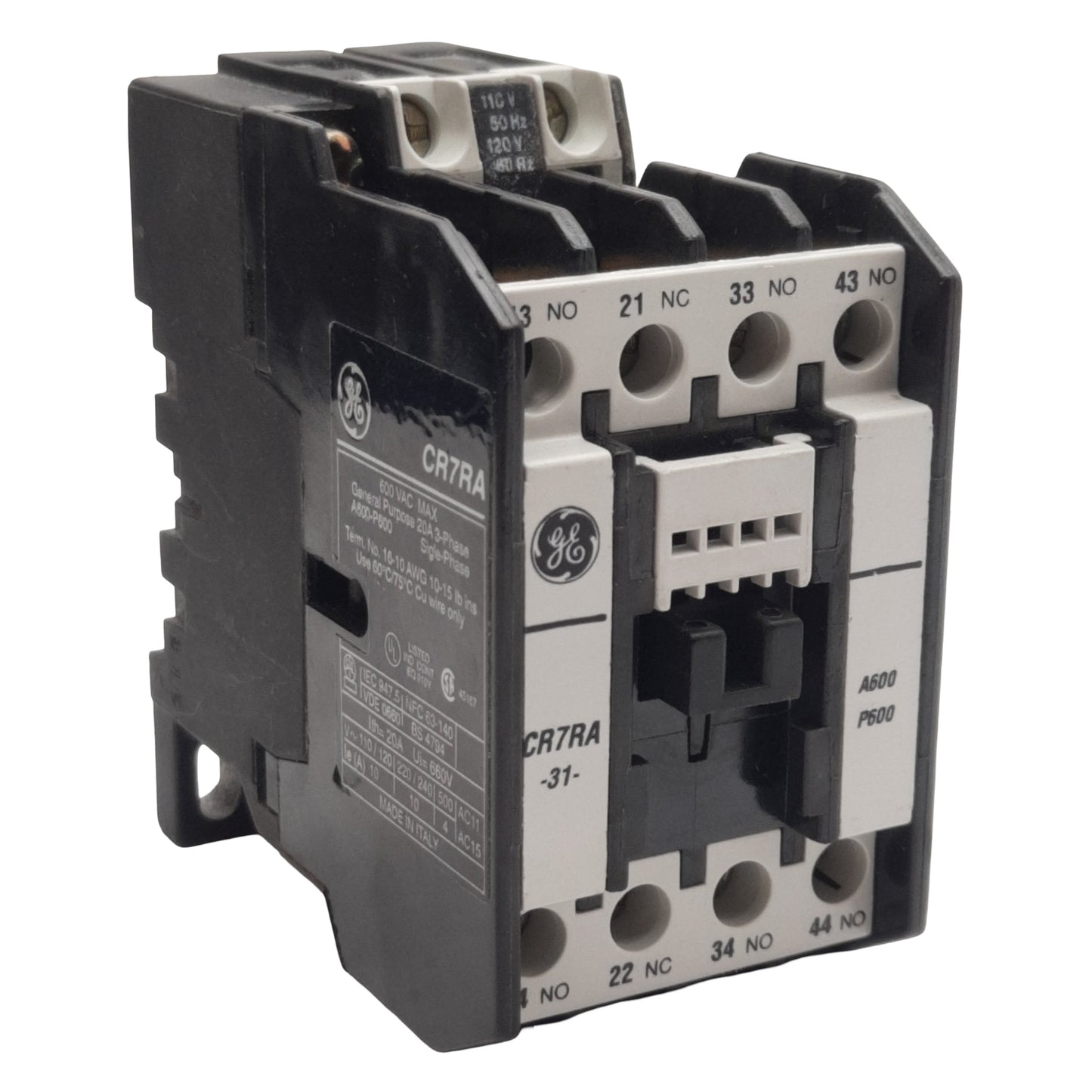 Used General Electric CR7RA-31-120V Contactor, 3-Pole, 20A 600VAC, 110-120VAC Coil