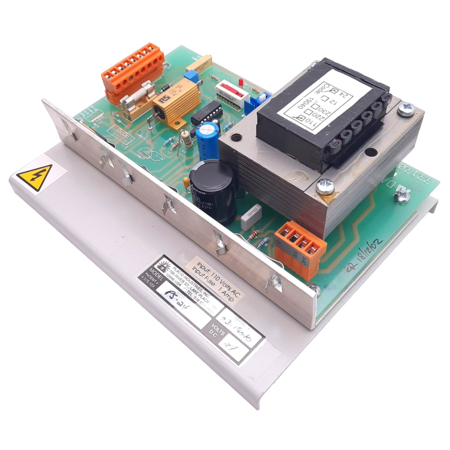 Used Placid PS-24 Power Supply, 110VAC Input, 12/24VDC Selectable Output, 1A Fuse