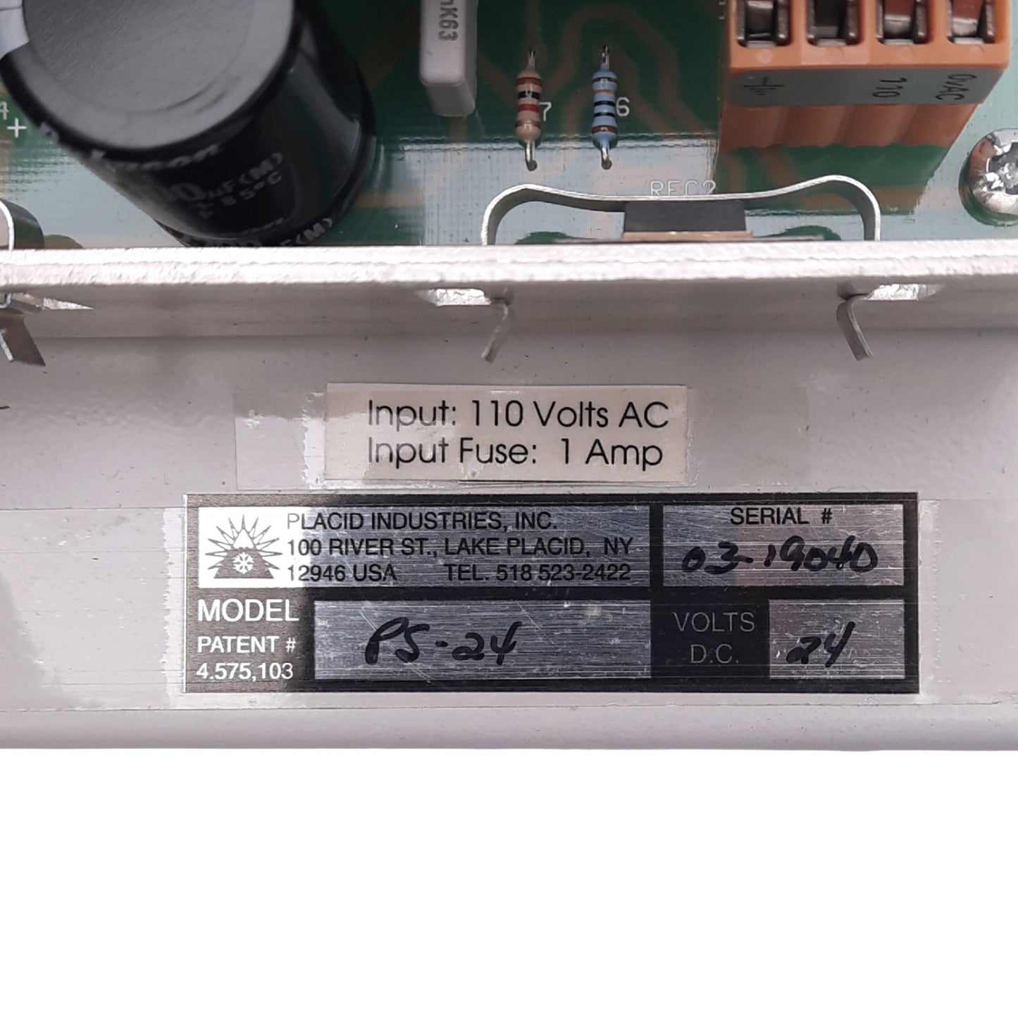 Used Placid PS-24 Power Supply, 110VAC Input, 12/24VDC Selectable Output, 1A Fuse