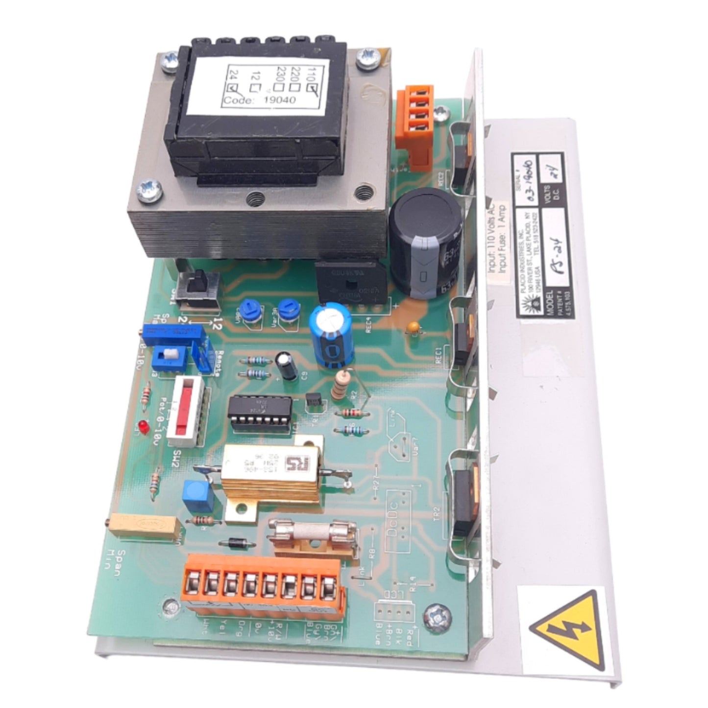 Used Placid PS-24 Power Supply, 110VAC Input, 12/24VDC Selectable Output, 1A Fuse