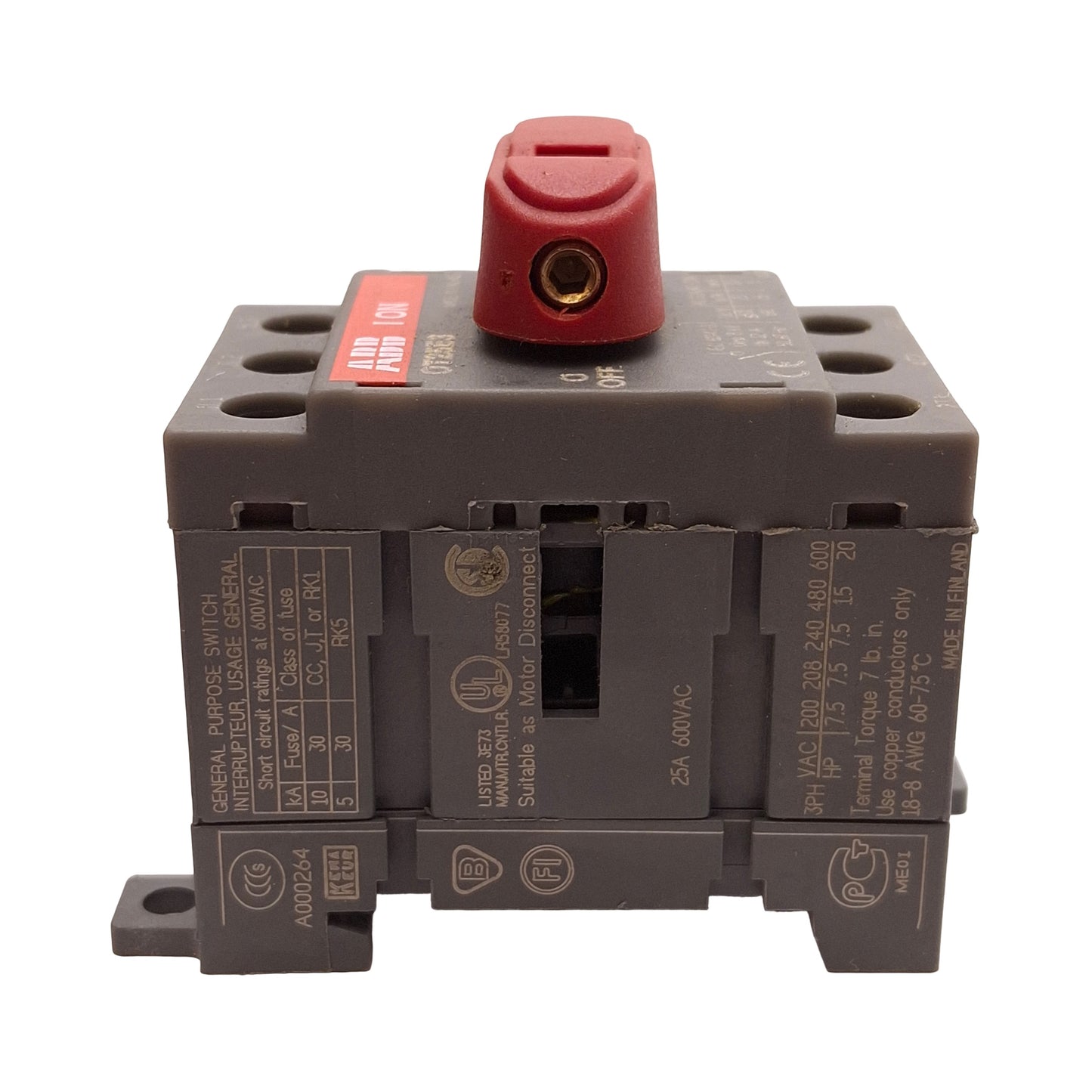 Used ABB OT25E3 Rotary Disconnect Switch, 3-Poles, 25A 600VAC 20HP, DIN Rail