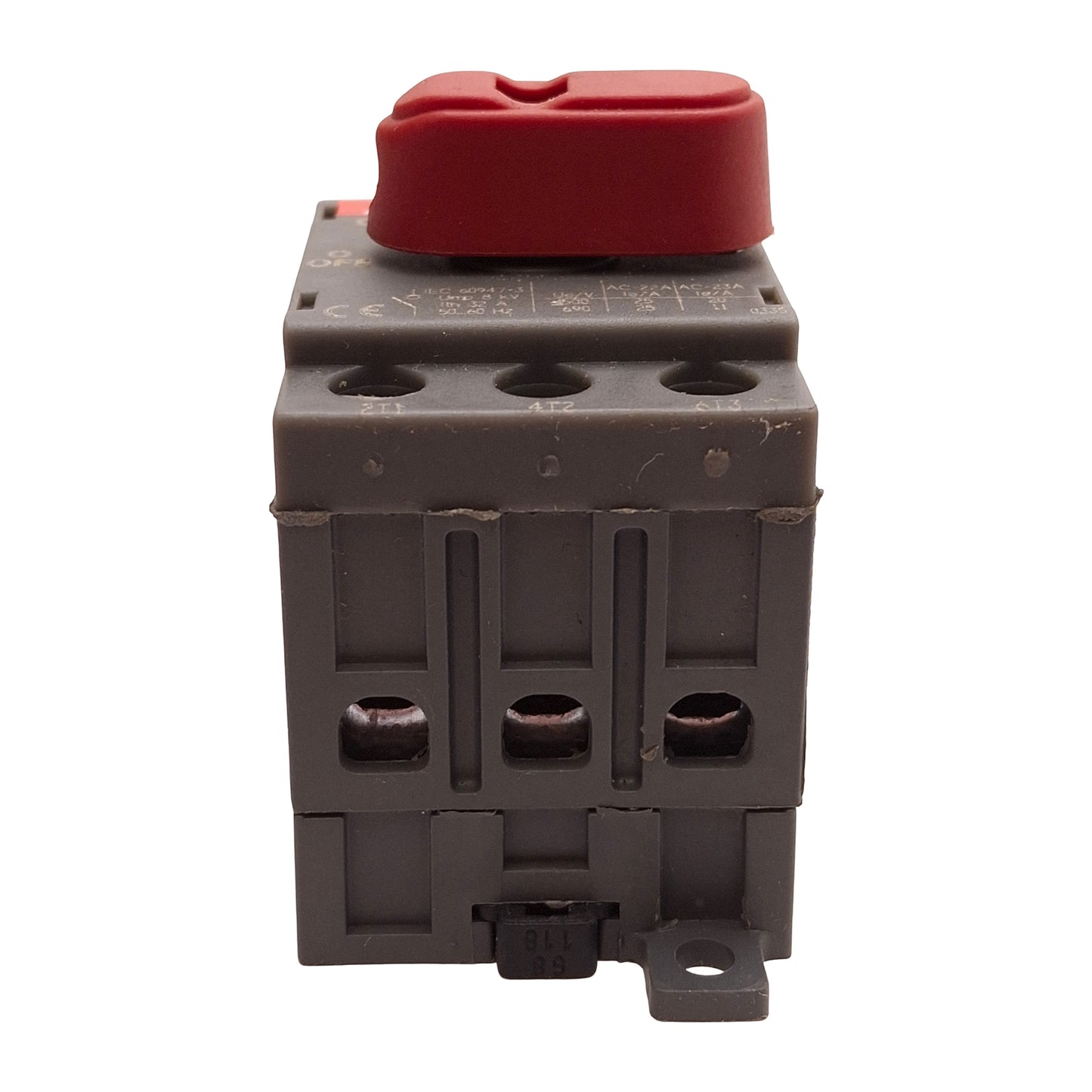 Used ABB OT25E3 Rotary Disconnect Switch, 3-Poles, 25A 600VAC 20HP, DIN Rail