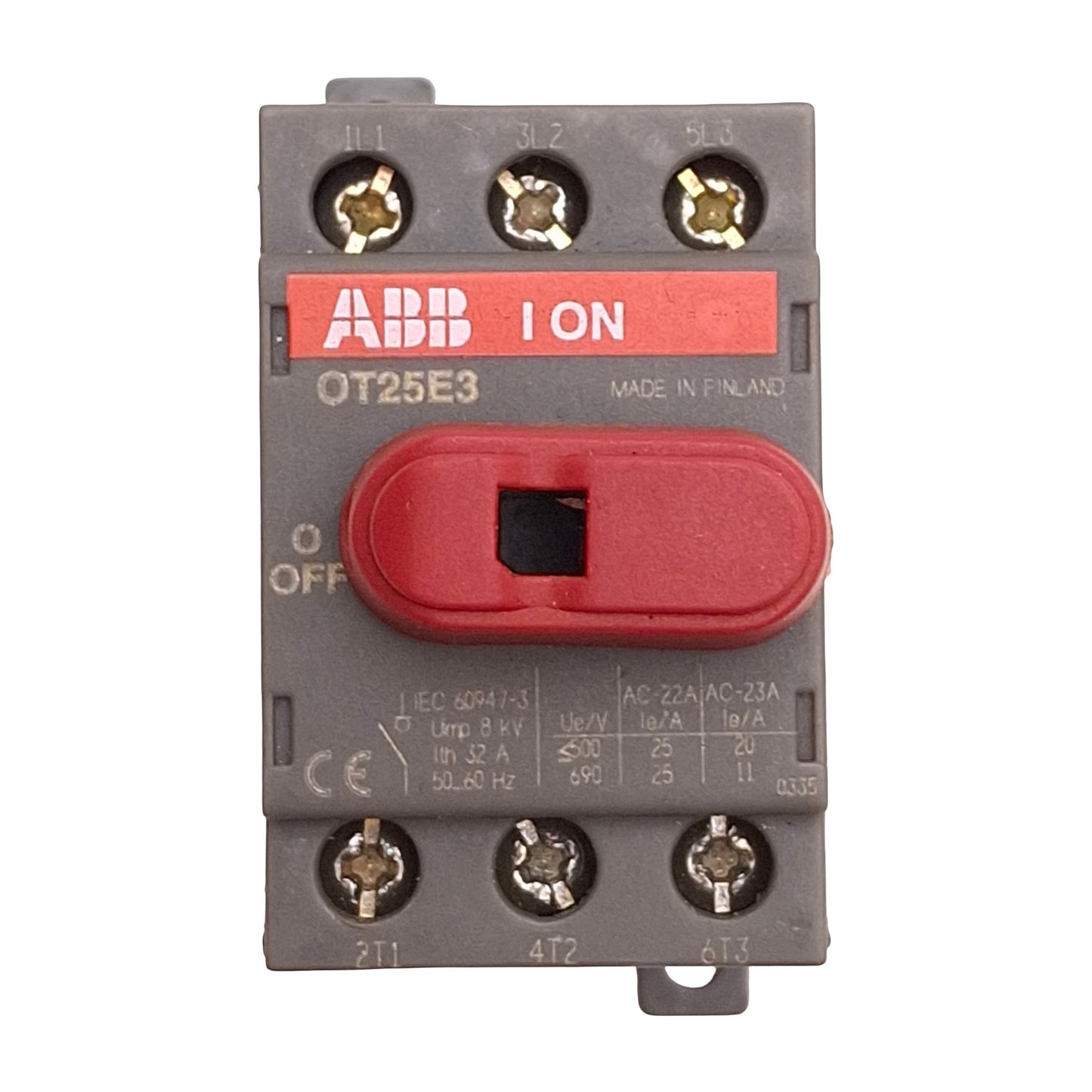 Used ABB OT25E3 Rotary Disconnect Switch, 3-Poles, 25A 600VAC 20HP, DIN Rail