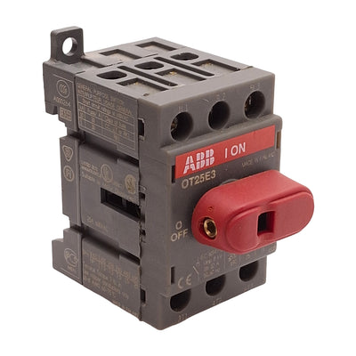 Used ABB OT25E3 Rotary Disconnect Switch, 3-Poles, 25A 600VAC 20HP, DIN Rail