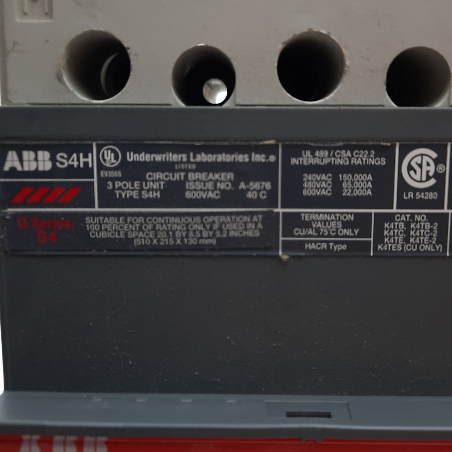 Used ABB S4H SACE S4 122160023-002 Circuit Breaker, 600 VAC, 250 Amp, 3 Pole