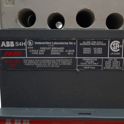 Used ABB S4H SACE S4 122160023-002 Circuit Breaker, 600 VAC, 250 Amp, 3 Pole