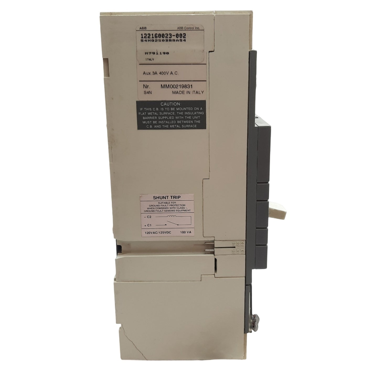 Used ABB S4H SACE S4 122160023-002 Circuit Breaker, 600 VAC, 250 Amp, 3 Pole