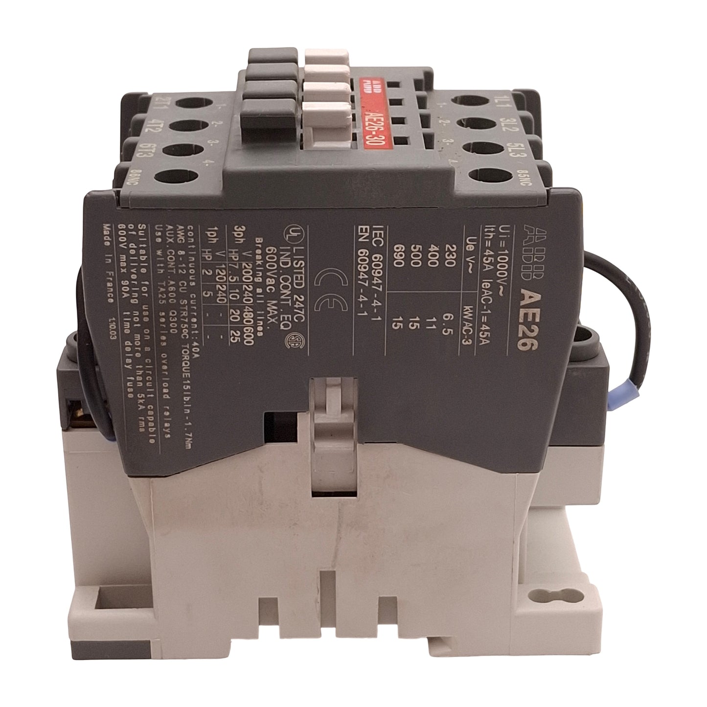 Used ABB AE26-30 Contactor, 3 Normally Open, 40A 600VAC 25HP, 24VDC Coil, DIN Rail