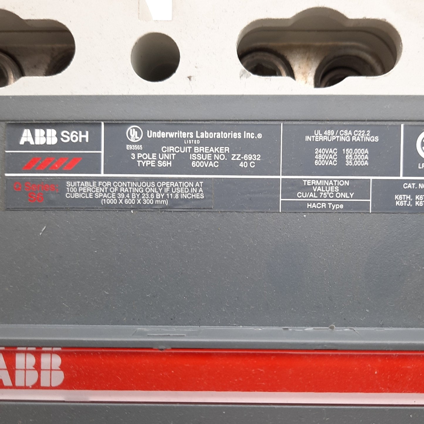 Used ABB S6H SACE S6 122160025-002 Circuit Breaker, 600 VAC, 600 Amp, 3 Pole