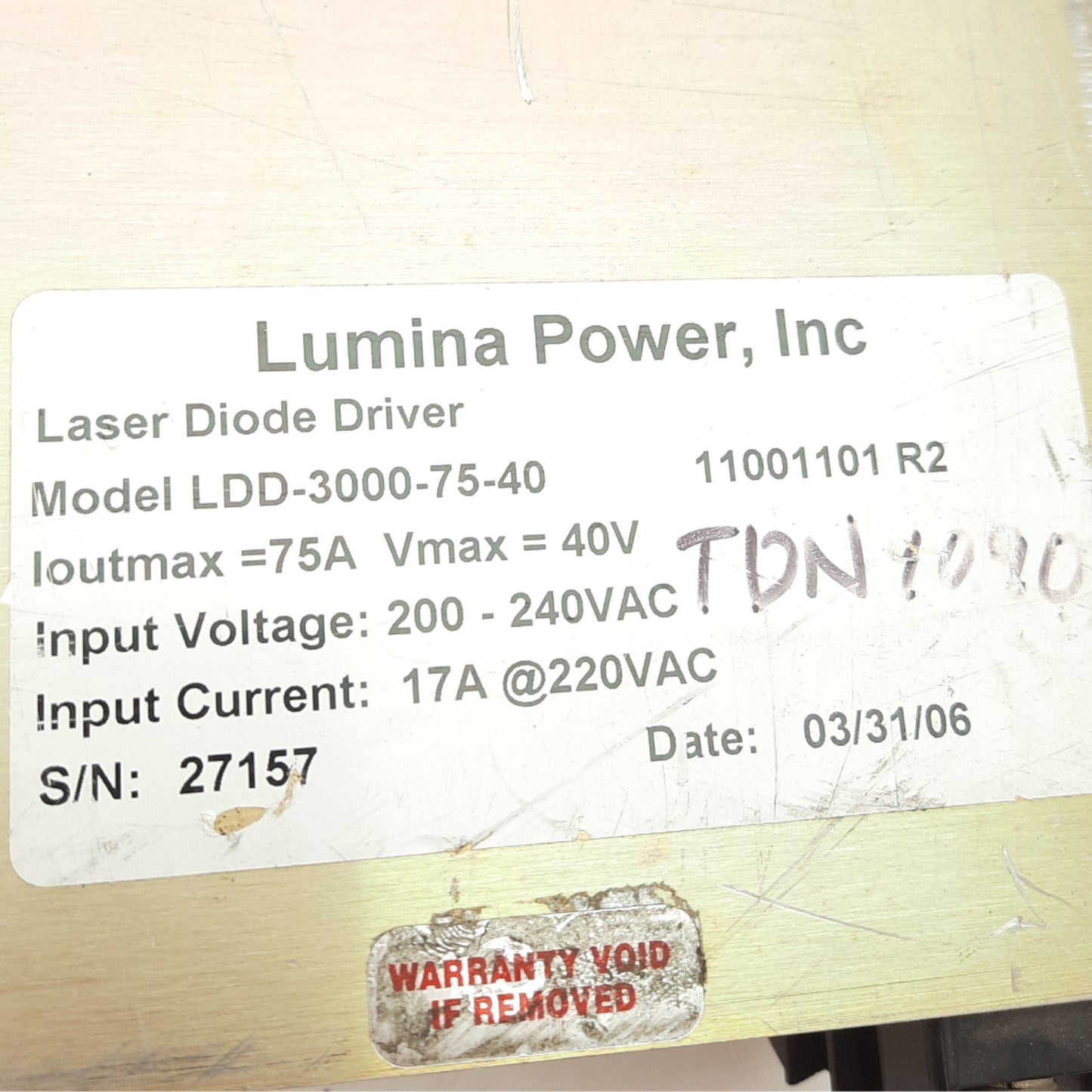 Used Lumina Power LDD-3000-75-40 Laser Diode Driver, 40 V VMAX, 75A Ioutmax