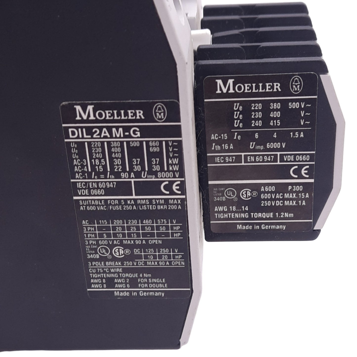 Used Moeller DIL2AM-G Contactor, 3NO, 2NO+2NC Aux, 250VDC, 600VAC, 90A, 24VDC Coil