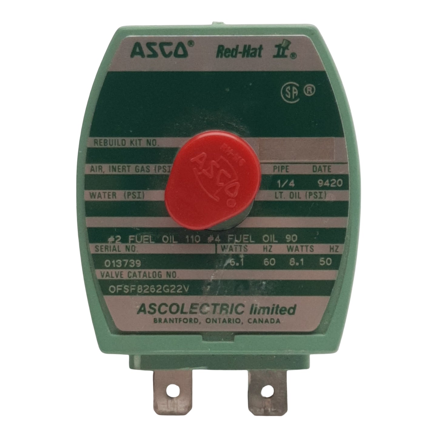 Used Asco 238212-032 MP-C-086 Red-Hat Solenoid Valve, 100psi, 1/4in NPT, 120VAC Coil