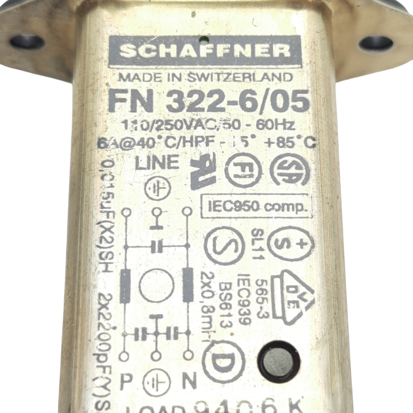 Used Schaffner FN 322-6/05 Performance EMC/RFI Filter, 6 Amp, 110/240 VAC, 50/60HZ