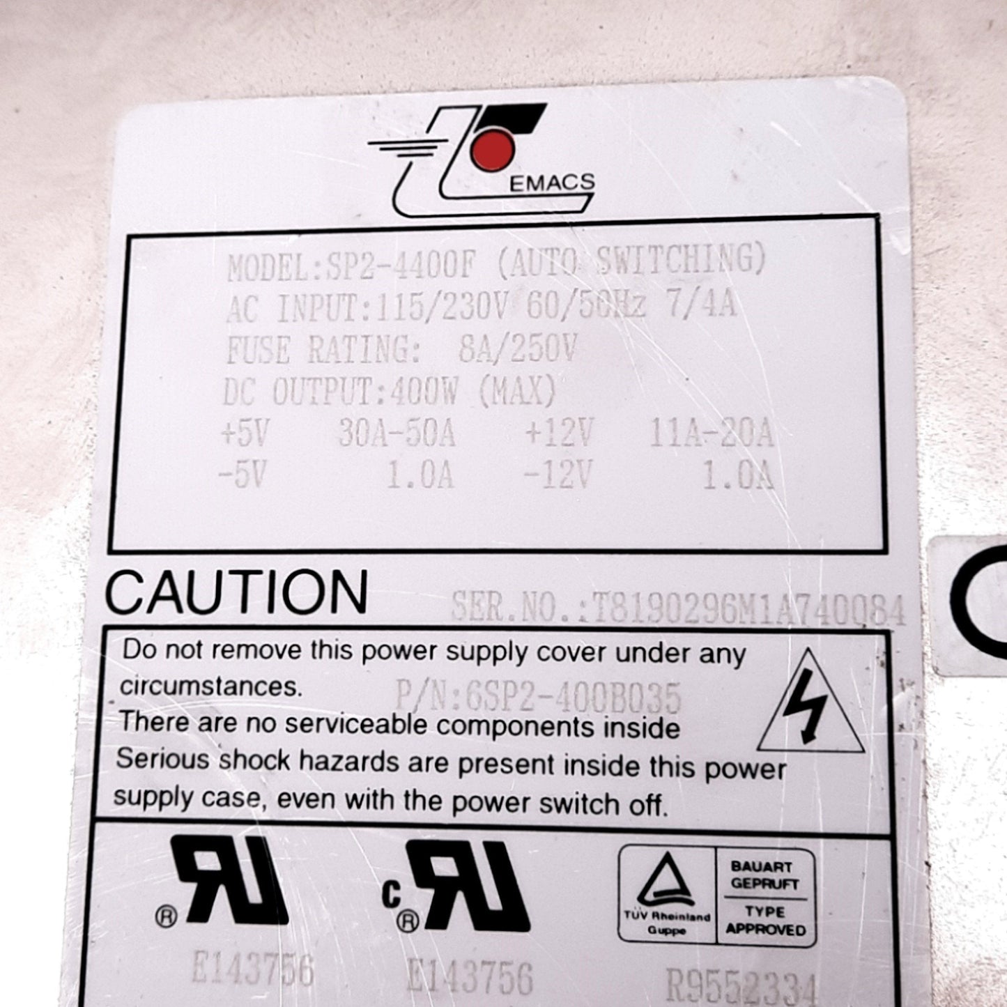 Used EMACS SP2-4400F AT Power Supply, 115/230VAC In, 5/12VDC 50/20A Out, 400W Max