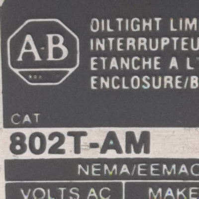 Used Allen Bradley 802T-AM Oiltight Limit Switch, 2-Circuit 1N.O + 1N.C., 10A 600VAC