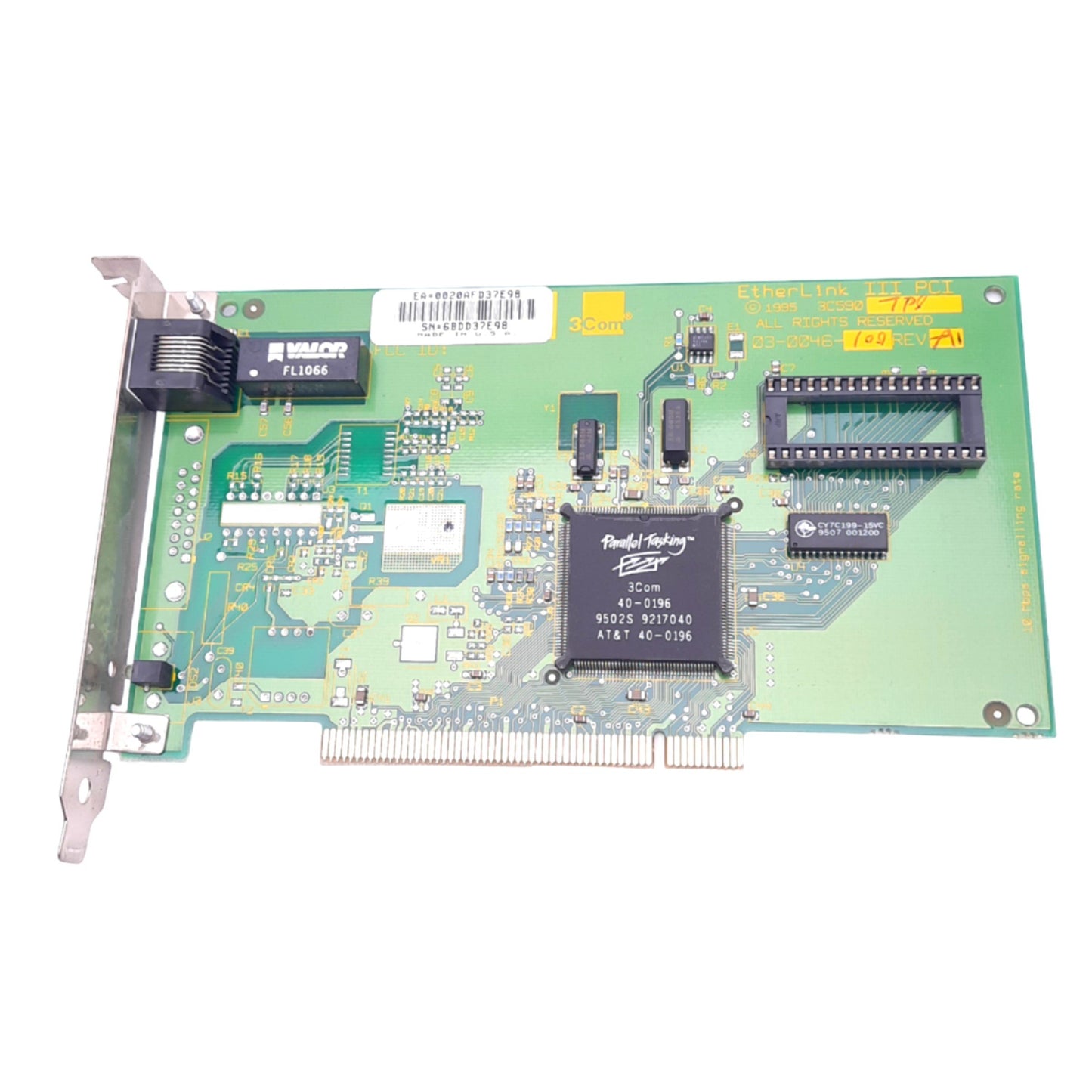 Used 3Com 03-0046-100 Rev A1 EtherLink III PCI Network Card, 10Mbps Max, RJ45