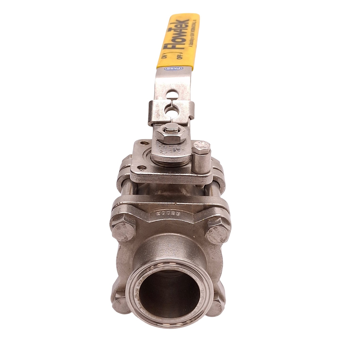 Used Flow-Tek 316L-CF3M-1-1/2-S7007 3-Piece Ball Valve, 1.5in Sanitary Fitting