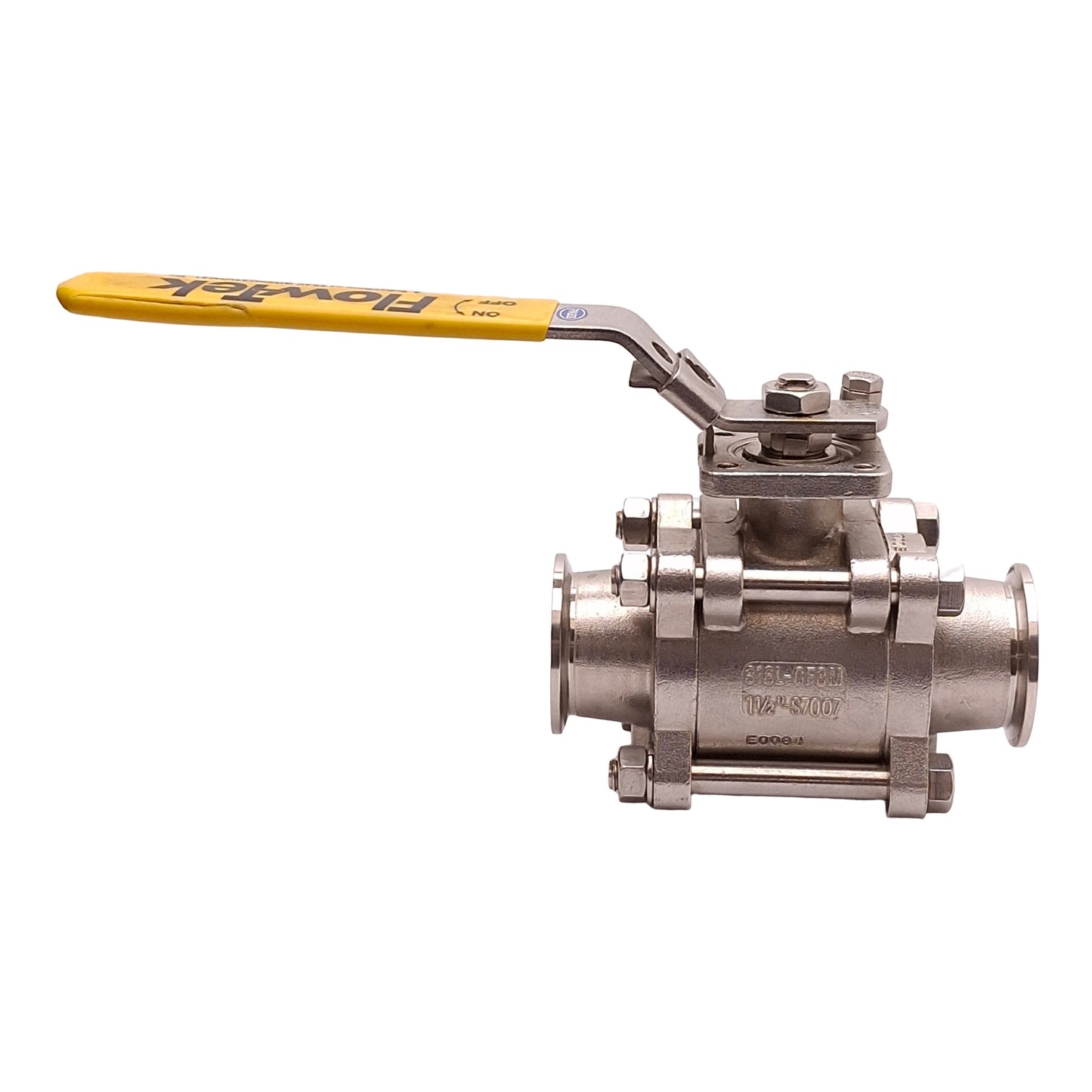 Used Flow-Tek 316L-CF3M-1-1/2-S7007 3-Piece Ball Valve, 1.5in Sanitary Fitting
