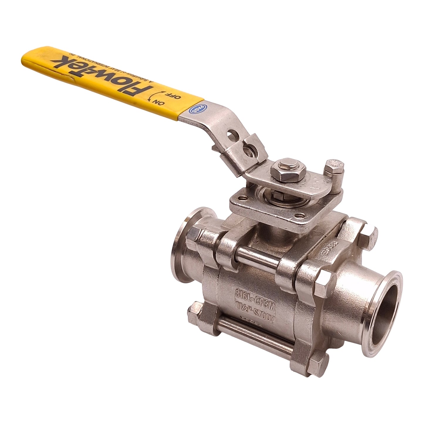 Used Flow-Tek 316L-CF3M-1-1/2-S7007 3-Piece Ball Valve, 1.5in Sanitary Fitting