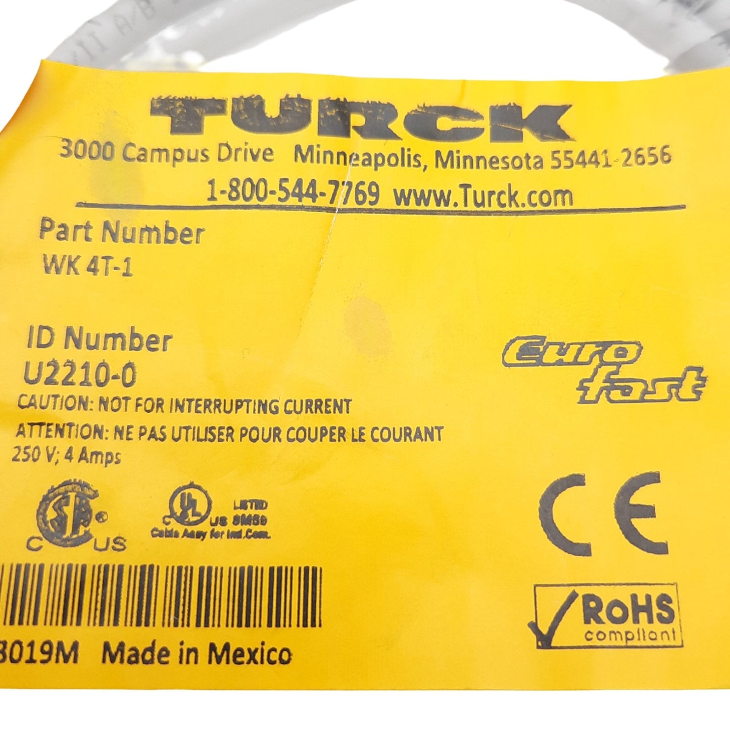 New Lot of 3 Turck WK 4T-1 U2210-0 Actuator and Sensor Cordset, 250 V, 4 A M12