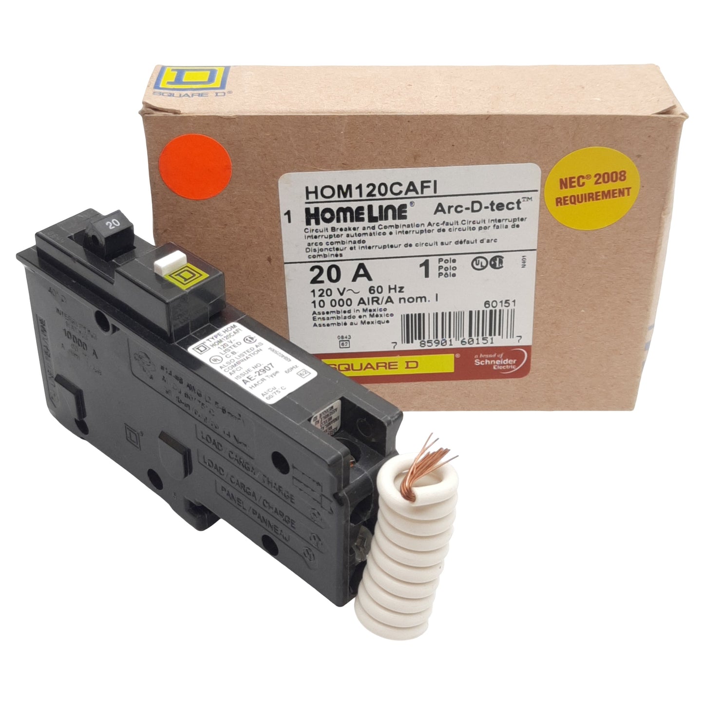 New Square-D HOM120CAFI Mini Circuit Breaker, 1-Pole, 20A, 120VAC, Plug-On