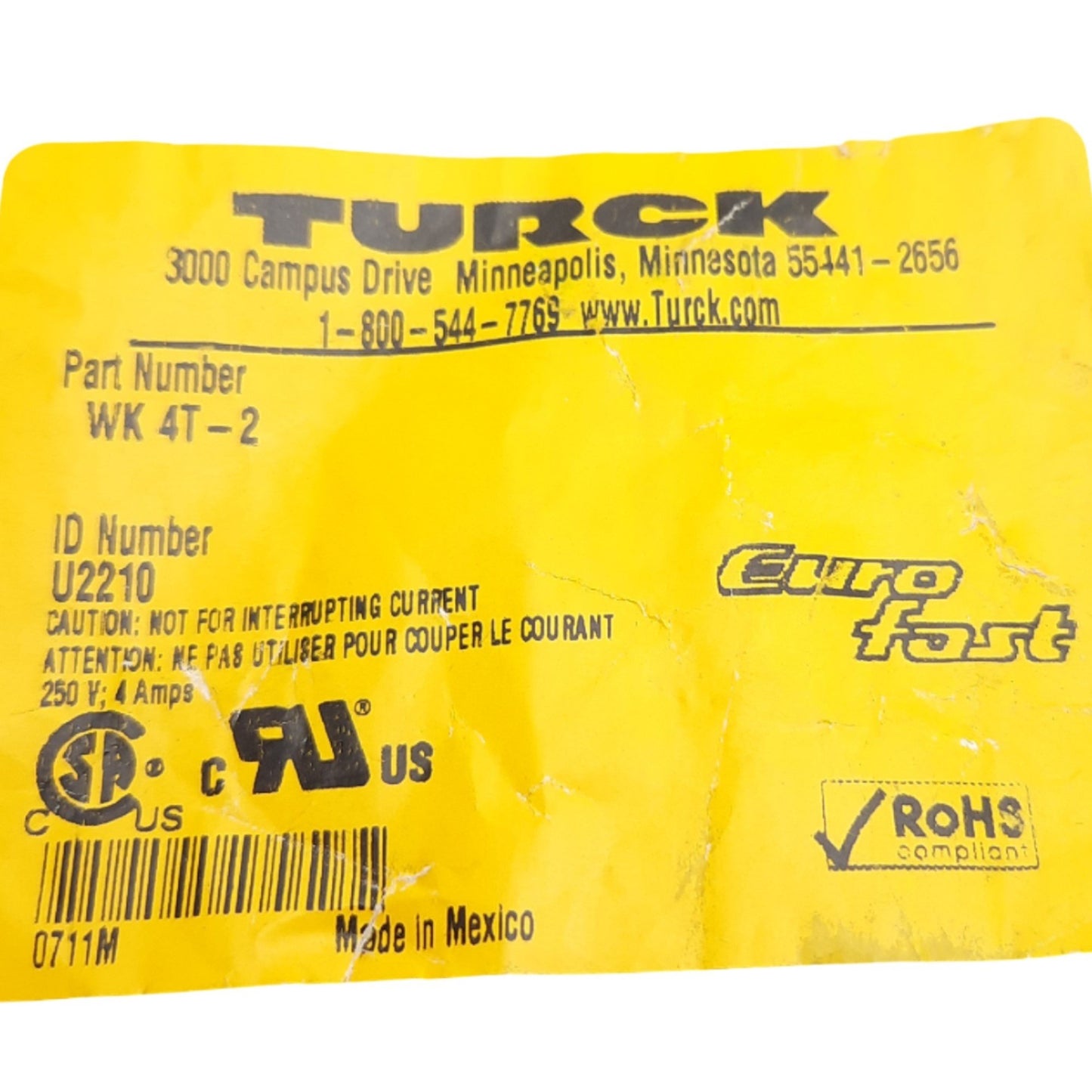 New Turck WK 4.4T-2 Cordset Cable, 90 Degree 4-Pin M12 Female to Flying Leads, 2m